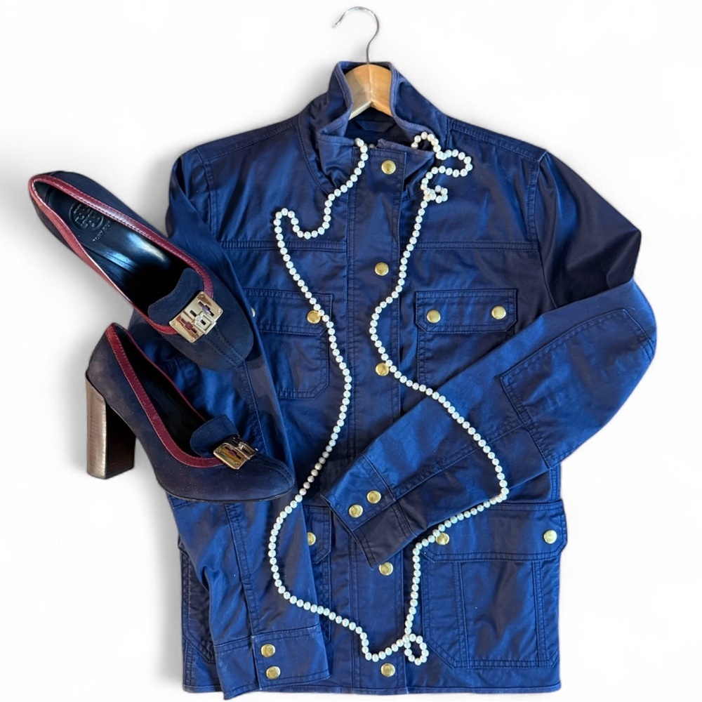 J Crew Classic Navy Blue Jacket with Gold Buttons Snaps| J Crew Navy Blue Jacket - Picture 1 of 7